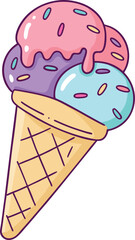 Adorable Kawaii Ice Cream Cone Vector Illustration Featuring Three Smiling Scoops, Colorful Pastel Sprinkles, and Detailed Waffle Cone – Perfect for Summer Themes, Children’s Art, and Sweet Graphics