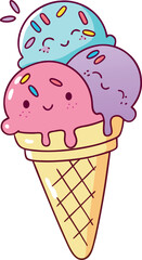 Adorable Kawaii Ice Cream Cone Vector Illustration Featuring Three Smiling Scoops, Colorful Pastel Sprinkles, and Detailed Waffle Cone – Perfect for Summer Themes, Children’s Art, and Sweet Graphics