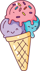 Adorable Kawaii Ice Cream Cone Vector Illustration Featuring Three Smiling Scoops, Colorful Pastel Sprinkles, and Detailed Waffle Cone – Perfect for Summer Themes, Children’s Art, and Sweet Graphics
