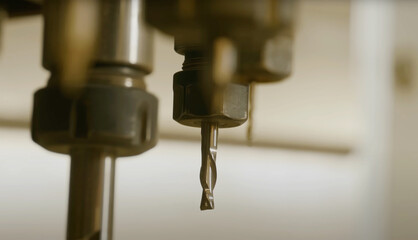 
Close-up of a CNC machine drill bit mounted in a chuck, prepared for precise industrial drilling and manufacturing operations.