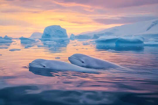 Two beluga whales swimming in arctic waters with icebergs under a colorful sunset sky view scene - Powered by Adobe