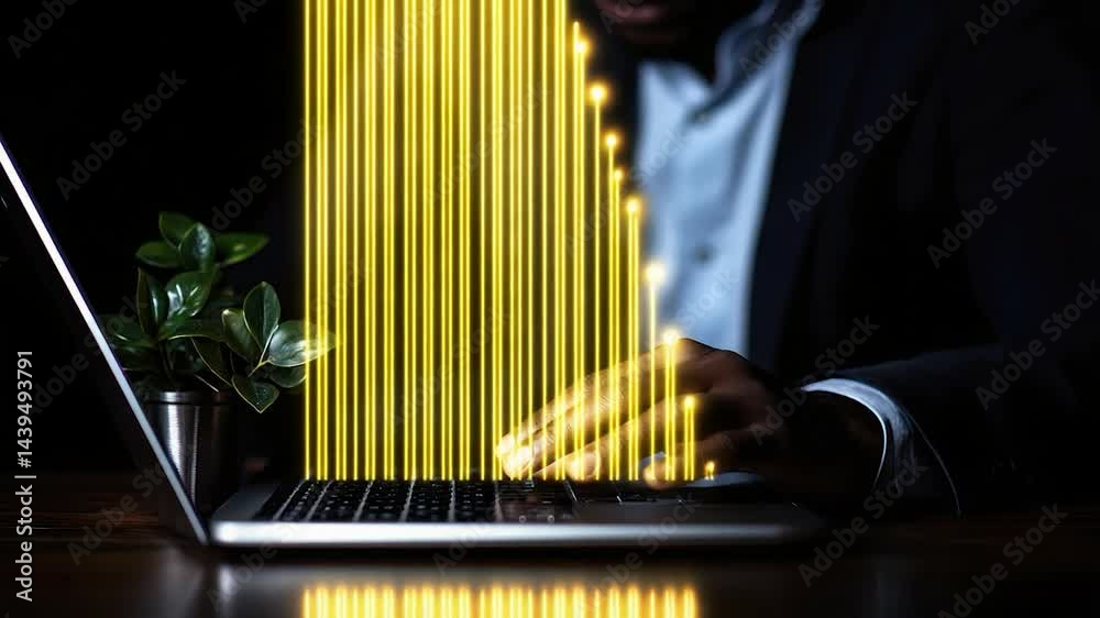 Poster person working on laptop with glowing data visualization.