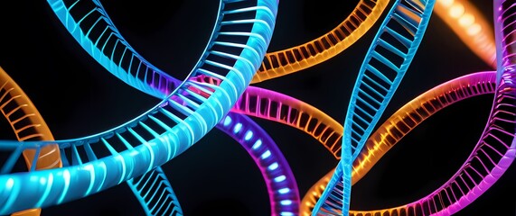Rotating D DNA helices illuminated with flowing neon colors against black space backdrops. Extremely detailed high resolution illustration.