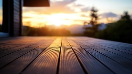 Beautiful outdoor wooden deck overlooking a vibrant sunset scene