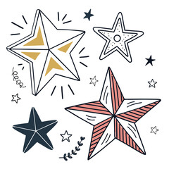 Obraz premium Hand-Drawn Star Vector Set: Design Elements, Badges, Stickers, and Geometric Shapes for Branding, Packaging, Prints, and Social Media Graphics