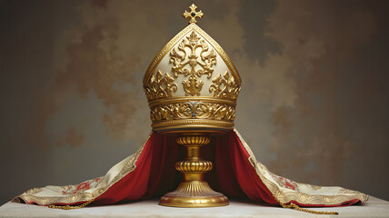 detailed close-up of an ornate golden and white papal tiara resting on a red and white draped cloth