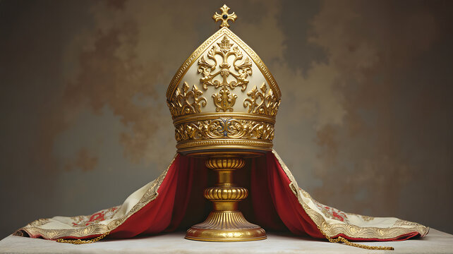 detailed close-up of an ornate golden and white papal tiara resting on a red and white draped cloth