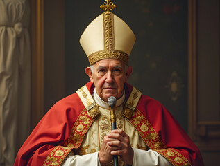 A close-up portrait shows an elderly man, likely a cardinal or pope, wearing an elaborate white and gold mitre and ornate red and gold robes