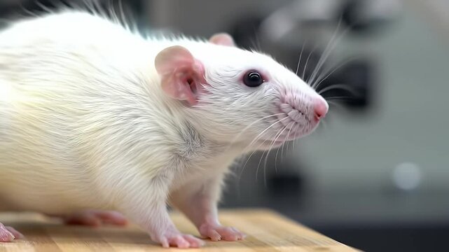 Focused White Lab Rat Observing in Laboratory Setting a Sharp View of Animal Research on Wooden Surface a Portrait in Soft Lighting