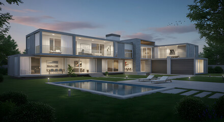 Modern Villa With Swimming Pool And Beautiful Garden At Twilight