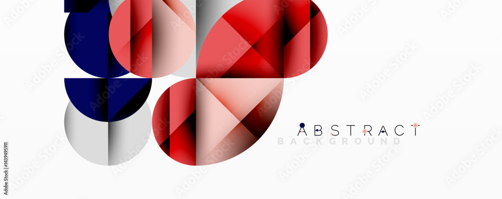 Poster abstract geometric composition. overlapping circles, triangles create modern design. red, navy, pale