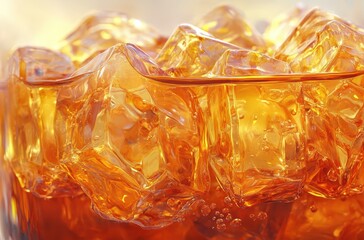 Crystal Clear Ice Cubes Floating in Refreshing Amber Drink with Bubbles Capturing the Essence of Summer Hydration and Coolness in a Close-up View