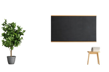 Empty blackboard with plant and books on transparent background