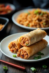 Delicious and Crispy Spring Rolls Filled with Savory Rice and Vegetables on a Stylish Plate, Perfect for Asian Cuisine and Food Photography