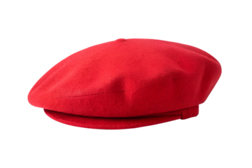 A vibrant red beret sits poised against a neutral gray backdrop, fashionably styled transparent background