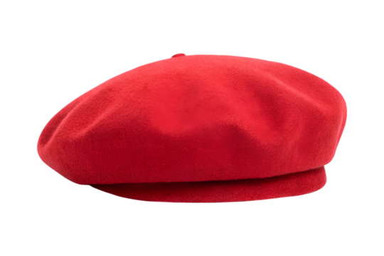 Elegant bright red wool beret isolated against a plain gray background transparent background