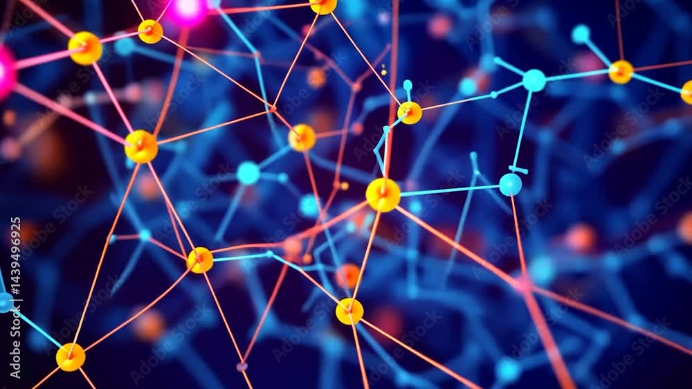 Poster abstract network of vibrant spheres and lines.