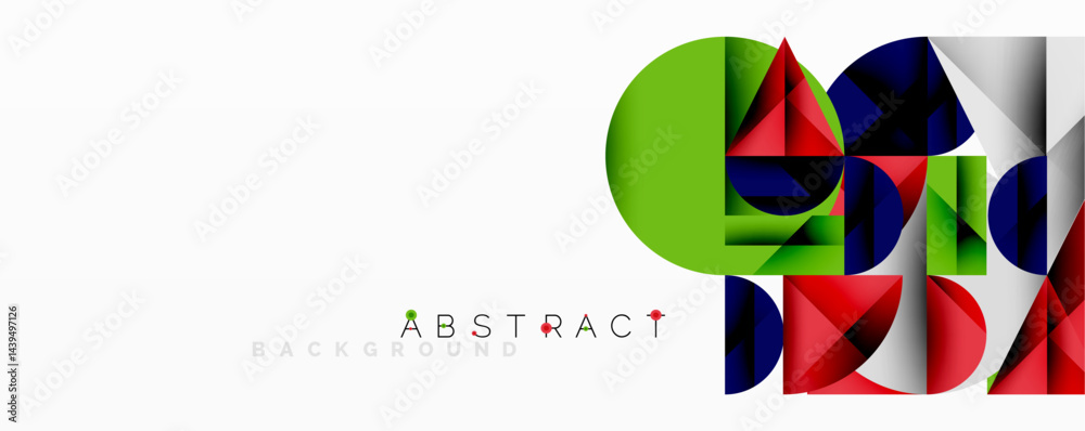 Poster geometric shapes overlap, creating vibrant abstract composition. colors include green, red, blue, wh