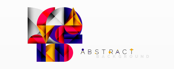 Colorful geometric shapes create abstract design. Vivid triangles, rectangles, circles overlap forming modern pattern.