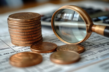 Financial Analysis Concept with Coins and Magnifying Glass for Economic Research Design