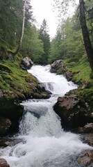 Foaming waterfall cascades through mossy rocks, green forest.