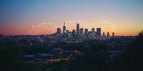 Naklejka premium Cityscape at Dusk with Network Overlay