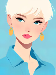 stylish woman with short, wavy platinum blonde hair. She has striking blue eyes and wears large, circular earrings that add a touch of elegance to her look. 