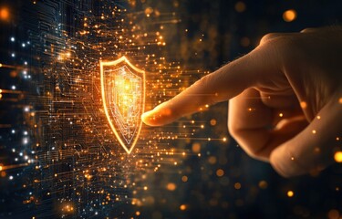 Hand touching digital shield, highlighting cybersecurity