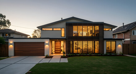 Obraz premium Luxurious Modern Residence at Dusk Showcasing Exterior Facade Design and Architecture