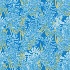 Seamless pattern with hyacinths. Hand drawn spring flowers on paper with pen and ink. Flower illustration. Vector garden plant drawing. Nature design element. Not AI generated.
