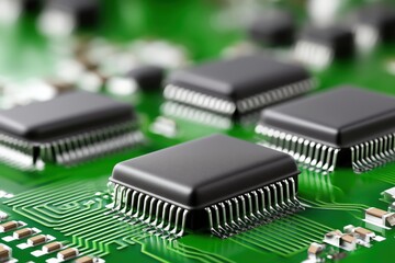 Multiple microchips on green circuit board, technology hardware and digital components