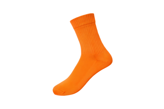 Vibrant orange sock stands alone against a solid gray background creating contrast transparent background