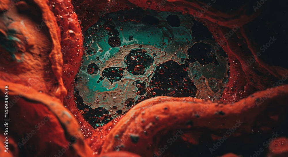 Poster A close up of a red and green blob with a black center