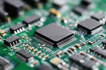 Microchip and electronic components on circuit board, technology and digital infrastructure