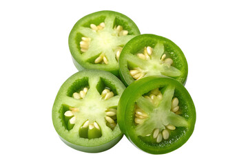 Closeup of vibrant green sliced tomatoes showcasing their inner seed structure transparent background