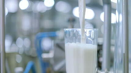 This image showcases a glass being filled with fresh, white milk in what appears to be a dairy production facility. The background is slightly blurred, emphasizing the stream of milk flowing smoothly 