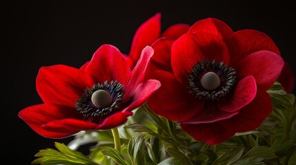 Fototapeta premium Vibrant Red Anemone Flowers with Dark Background and Sharp Petals in Close-up
