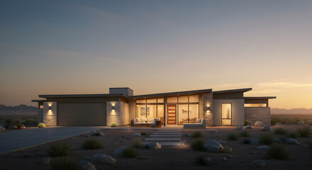 Fototapeta premium Modern Desert Home Exterior at Dusk with Elegant Architectural Design