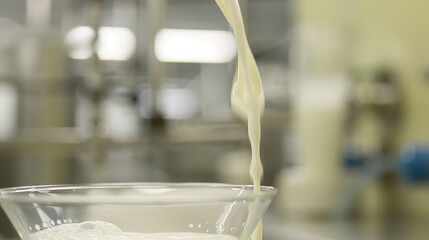 This image showcases a glass being filled with fresh, white milk in what appears to be a dairy production facility. The background is slightly blurred, emphasizing the stream of milk flowing smoothly 