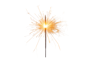 Burning sparkler stick with bright golden sparks against a gray background transparent background