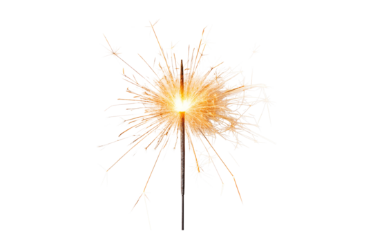 Burning sparkler stick with bright golden sparks against a gray background transparent background