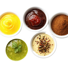 A Colorful Array of Culinary Delights: Dips, Sauces, and Spices , isolated on white background PNG cut out