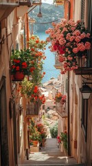 Naklejka premium Flower-filled alleyway descends to seaside.