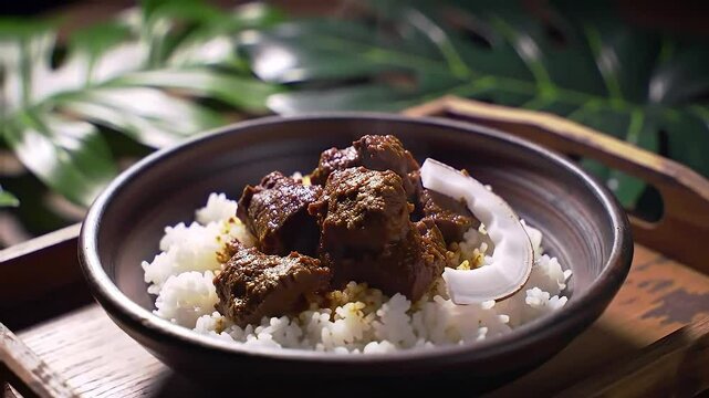 Indonesian Halal Dish "Beef Rendang" with Steamed Rice on a Plate with Coconut Decoration