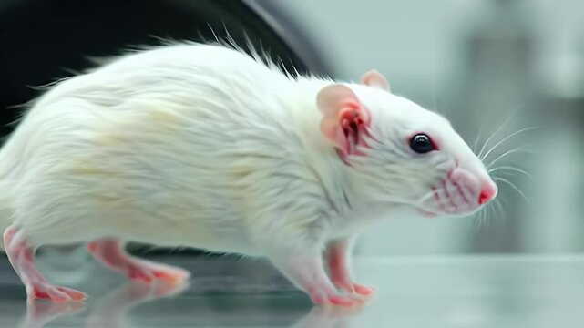 White Lab Rat Running on Wheel Paw and Tail Motions in Experimental Setup at Eye Level