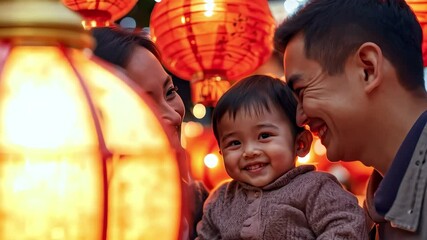 Family of three smiling under lanterns