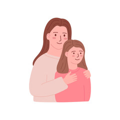 Cute mother and child daughter, confidence in child. Happy family embracing, hugging. Motherhood, parenthood. Mom and girl kid together. Love, friendship of characters. Flat vector illustration