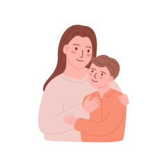 Cute mother and child son embrace. Happy family embracing, hugging. Motherhood, parenthood. Mom and boy kid together. Love, friendship of characters. Flat vector illustration