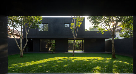 Contemporary Residence With Dark Facade And Green Lawn