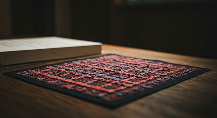 Naklejka premium A book is on a table next to a red and black square